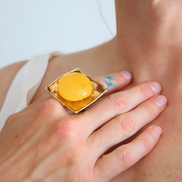 Butterscotch Amber Ring – Adjustable 14k Gold Plated Sterling Silver - Picture 4 of 8